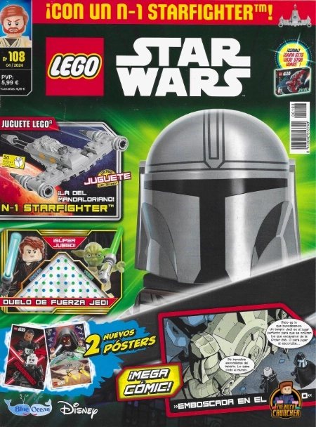 Cover of a LEGO Star Wars magazine 108 featuring the Mandalorian helmet a lego N-1 starfighter and various promotional images and text for posters comics and a Jedi duel