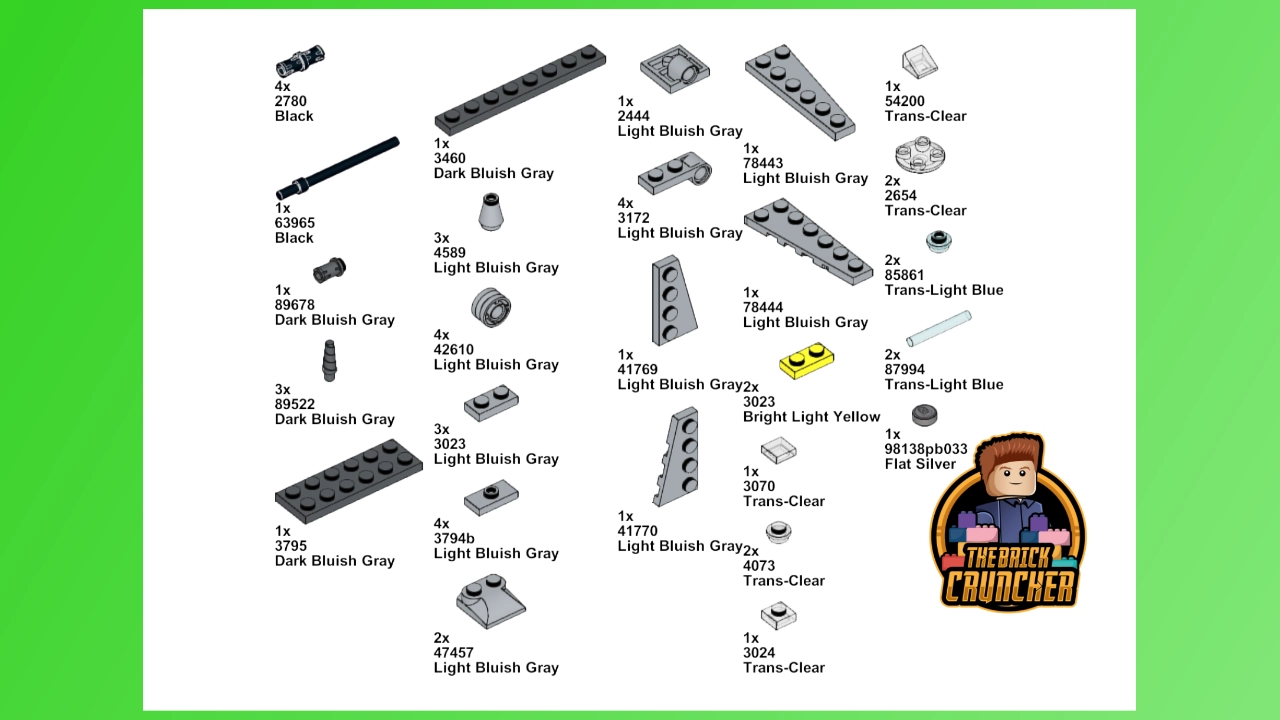 Image displaying various lego pieces from LEGO set 912405 labeled with their colors and names including a chart with brick sizes and colors on a green background
