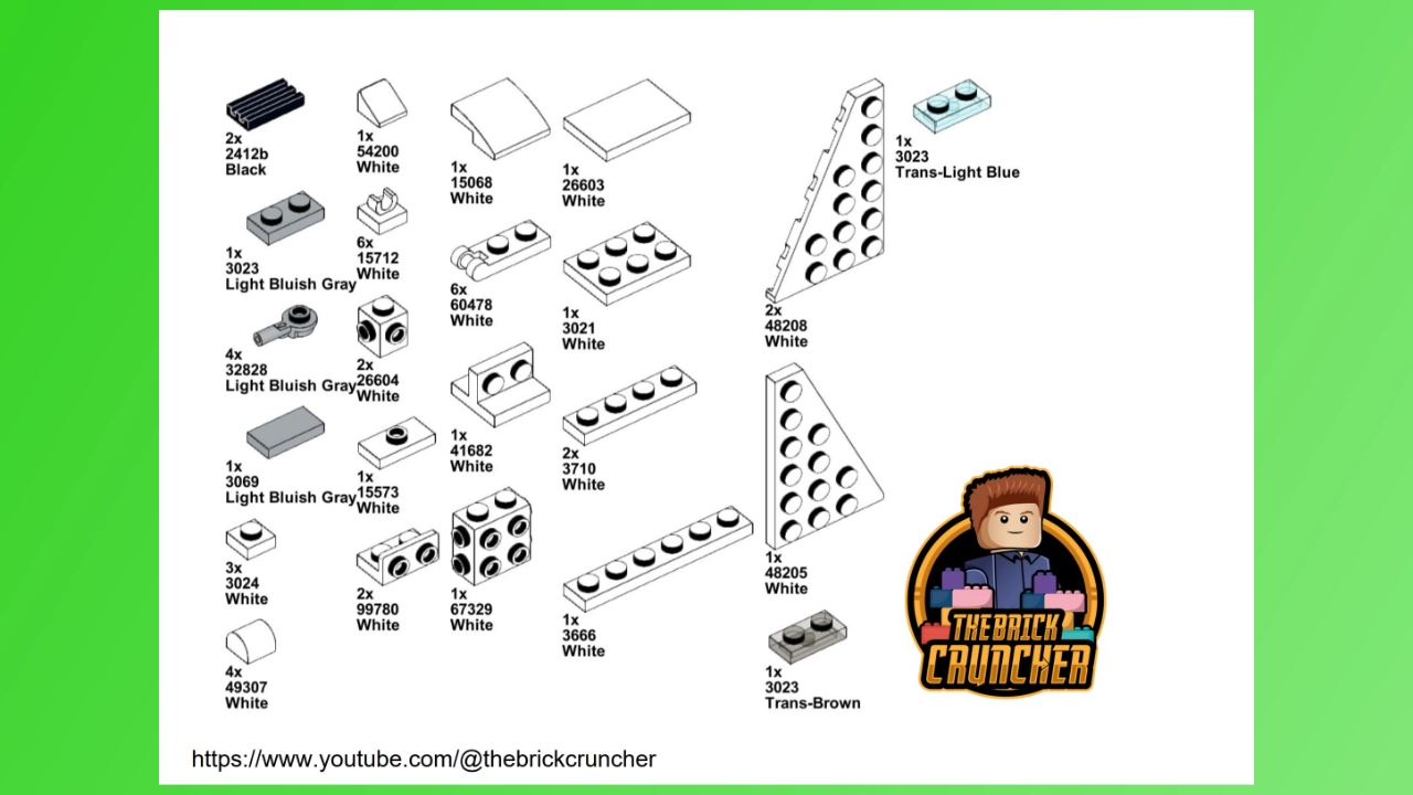 A diagram of various Lego pieces with their part numbers and descriptions for the lego set 912406 featuring a YouTube channel logo The Brick Cruncher and link wwwyoutubecomthebrickcruncher