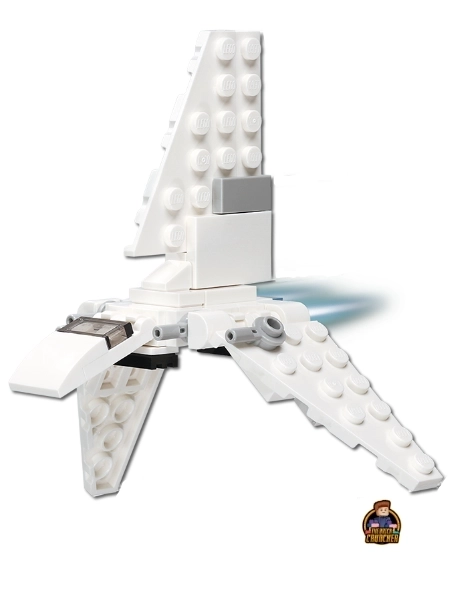A small LEGO model featuring a white Imperial Shuttle set against a plain background