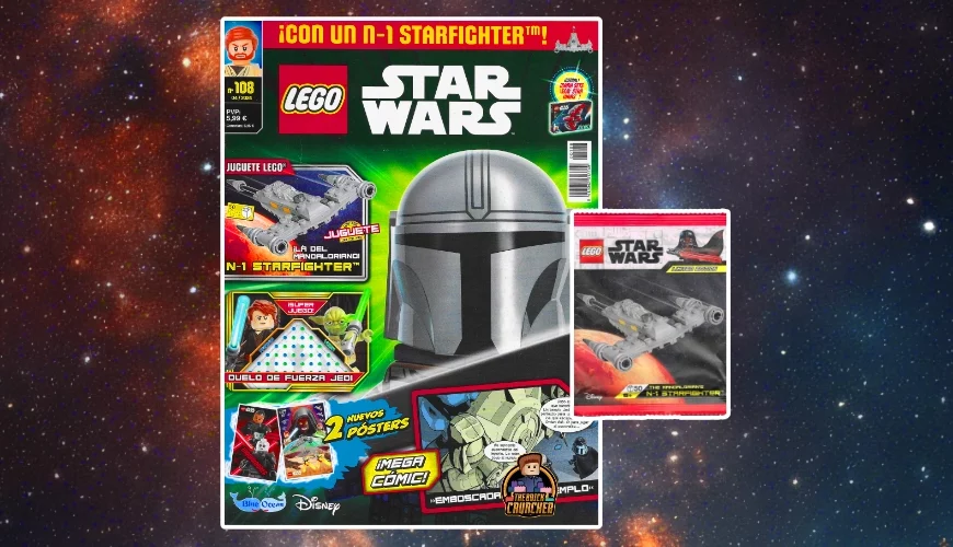 Lego Star Wars magazine 108 featuring the Mandalorian on the cover, advertising a Lego N-1 Starfighter toy and including posters and a comic book, set against a space-themed background.