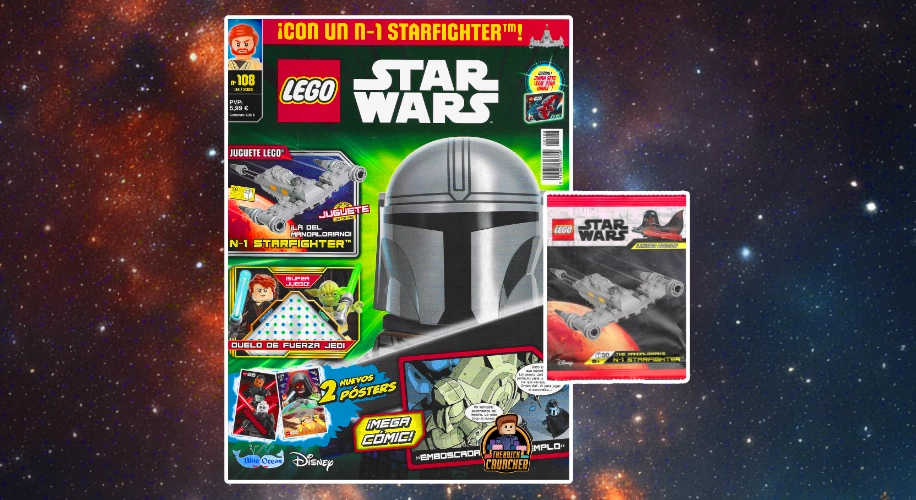 Lego Star Wars magazine 108 featuring the Mandalorian on the cover, advertising a Lego N-1 Starfighter toy and including posters and a comic book, set against a space-themed background.
