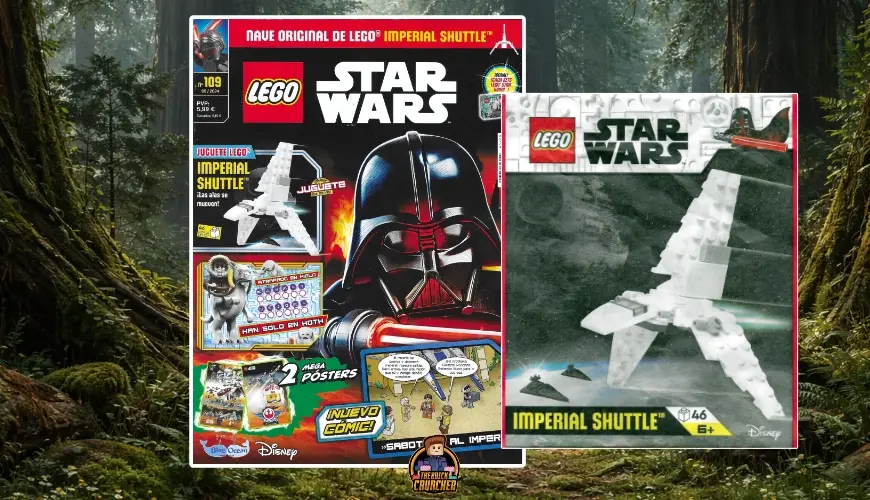 LEGO Star Wars magazine cover featuring Darth Vader and an Imperial Shuttle LEGO set, with a close-up of the Imperial Shuttle build on the right side.