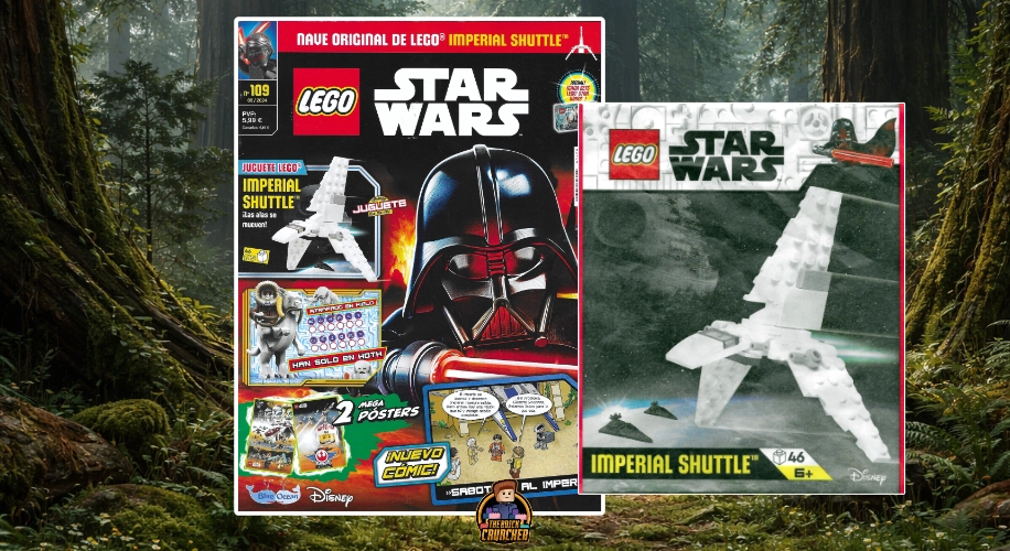 LEGO Star Wars magazine cover featuring Darth Vader and an Imperial Shuttle LEGO set, with a close-up of the Imperial Shuttle build on the right side.