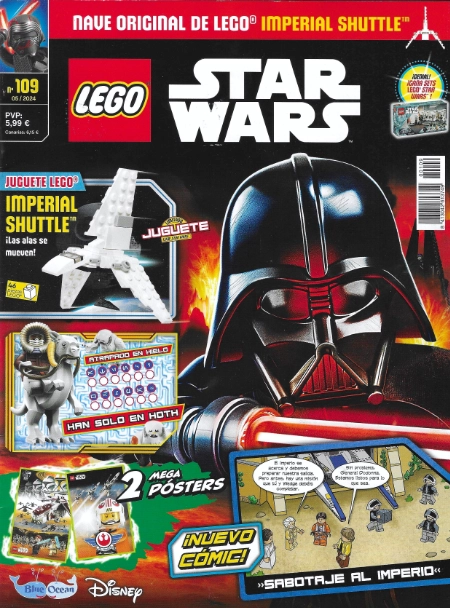 LEGO Star Wars magazine cover 108 featuring Darth Vader stormtroopers and a LEGO Imperial Shuttle toy with promotional banners and product images