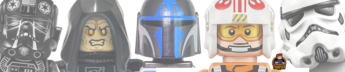 Five LEGO Star Wars minifigures are lined up side by side including a TIE pilot Emperor Palpatine Mandalorian Rebel pilot and stormtrooper