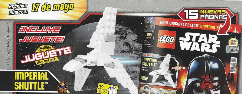 Advertisement featuring a LEGO Star Wars Imperial Shuttle Mini Build. The ad mentions 15 new pages, includes a small white LEGO Imperial Shuttle, and has text in Spanish indicating upcoming Lego Star Wars Magazine release on May 17 2024.